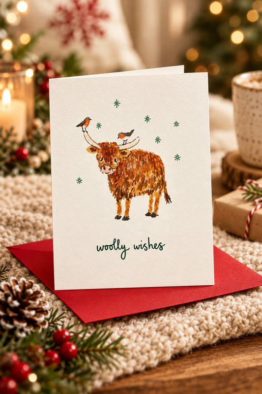Christmas Highland Cow And Robins Greeting Card